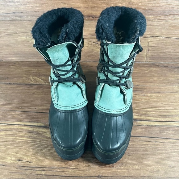 SOREL Caribou Green Leather Snow Boots Winter Shoes Women’s Size 9 Lace Up - Picture 9 of 10